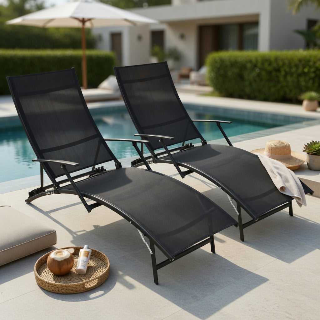 Hommoo 2-Pack Folding Stackable Outdoor Chaise Lounge Chairs with 5-Position Adjustable Backrest, Rustproof Steel Frame & Quick-Dry Fabric,for Patio, Poolside & Backyard Use, Black
