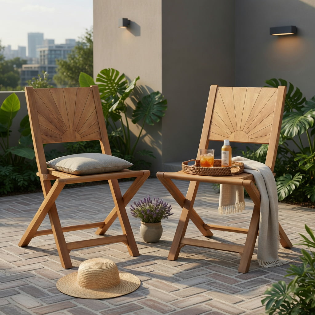 Hommoo 2-Pack Folding Teak Patio Chairs with 105° Inclined Backrest, Wood Outdoor Seating for Porch, Balcony & Garden, Natural