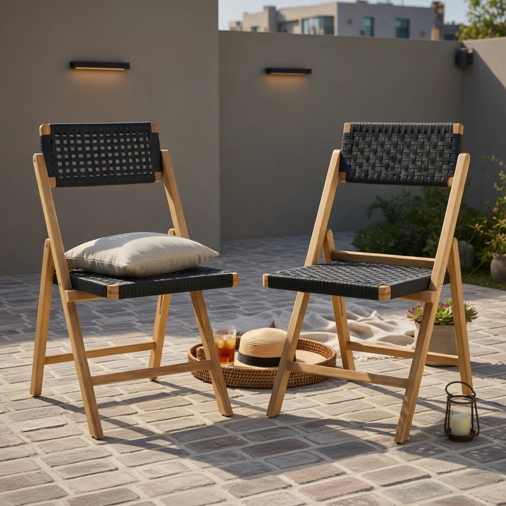 Hommoo 2-Pack Folding Teak Wood Dining Chairs with Woven Rope Seat & Back, Indoor/Outdoor Stackable Patio Chairs for Backyard, Poolside, Camping, Natural+Black