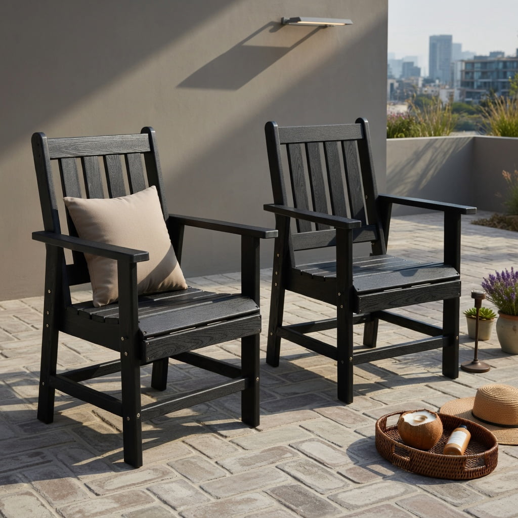 Hommoo 2-Pack HDPE Outdoor Dining Chairs with Wide Armrests, Rustic Wood-Look Patio Seating, All-Weather Durable, Black