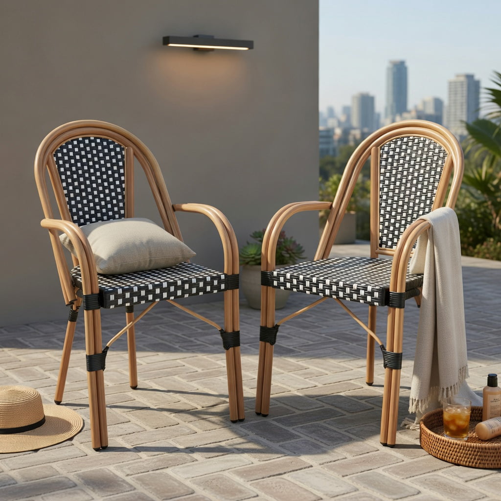 Hommoo 2-Pack Hand-Woven PE Rattan Outdoor Bistro Chairs, French-Style Patio Chairs with Galvanized Steel Frame, Black & White