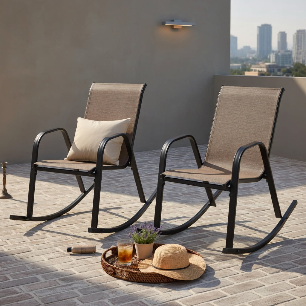 Hommoo 2-Pack Heavy-Duty Metal Rocking Chairs for Patio, Rust-Resistant Steel Frame, Breathable Fabric Seat, Indoor & Outdoor Use, Brown