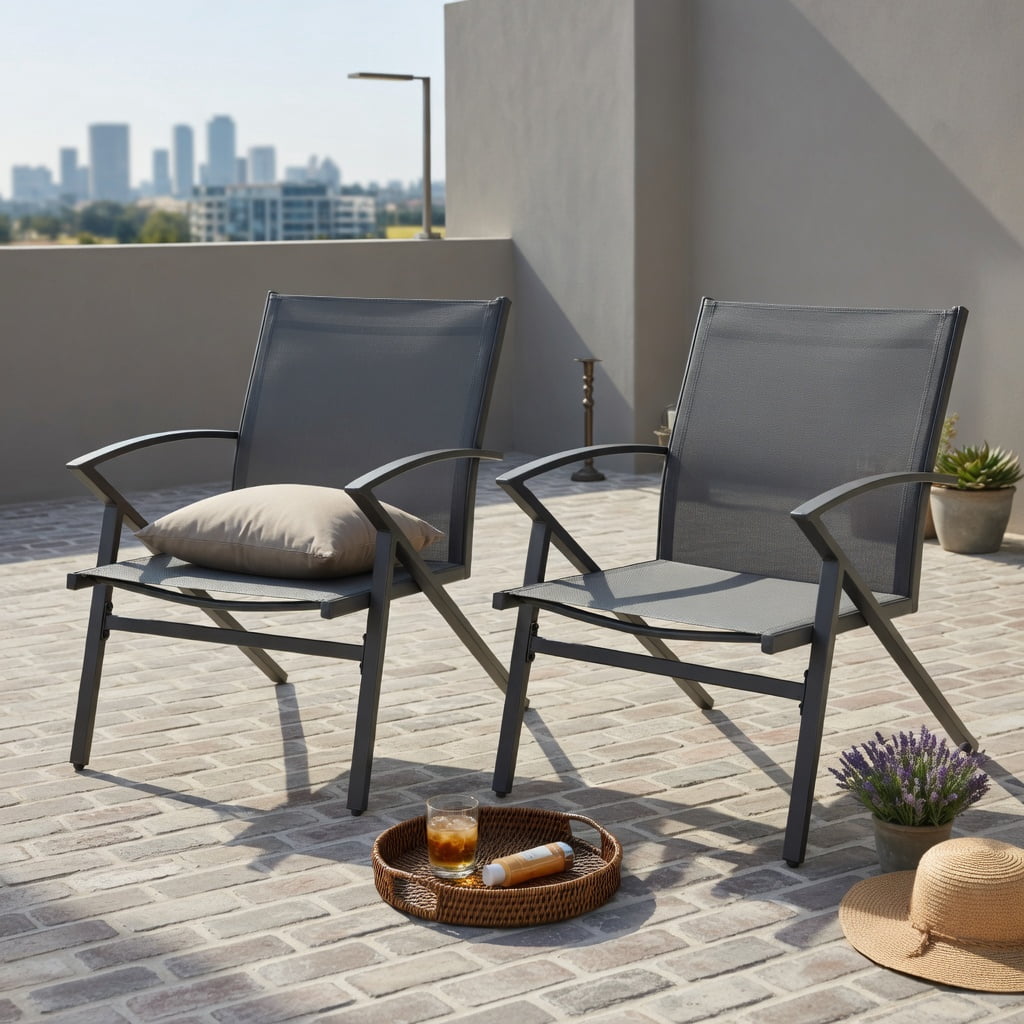 Hommoo 2-Pack Heavy-Duty Outdoor Patio Chairs, Metal Frame Lawn Chairs with Breathable Fabric, Adjustable Feet for Uneven Ground, Gray
