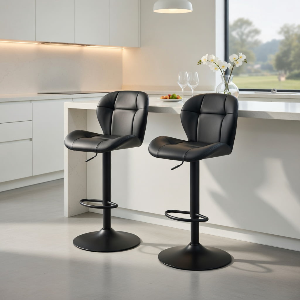 Hommoo 2-Pack Height-Adjustable Bar Stools with Tufted PU Upholstery, Metal Frame & Footrest, Ideal for Kitchen Islands, Home Bars & Pubs, Black