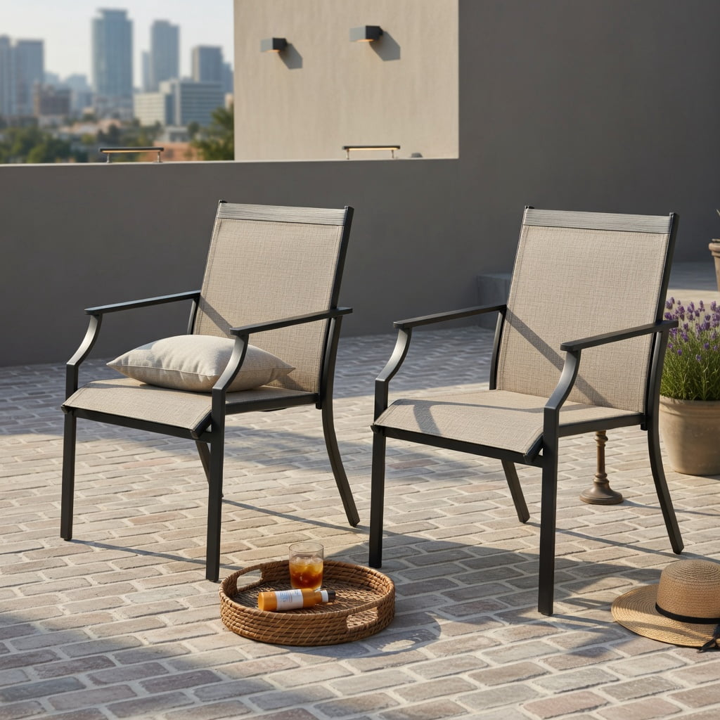 Hommoo 2-Pack Large Outdoor Dining Chairs, Breathable Mesh Seat, Rustproof Metal Frame, Patio Chairs for Deck, Backyard, Balcony, Coffee