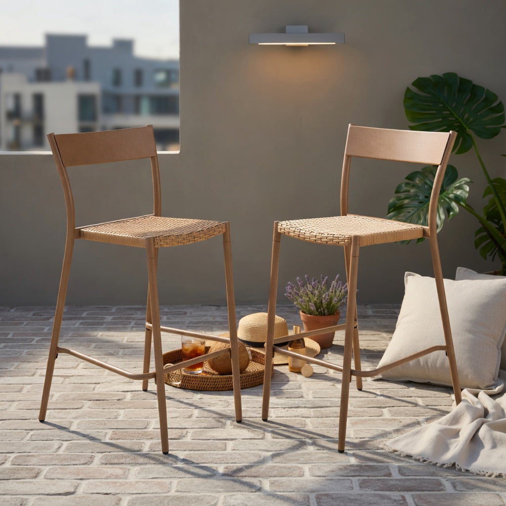 Hommoo 2-Pack Light Brown Woven Rattan Bar Stools with Metal Frame, Indoor/Outdoor Patio Bar Chairs, 29" Seat Height, Stackable & Space-Saving Design, Light Brown