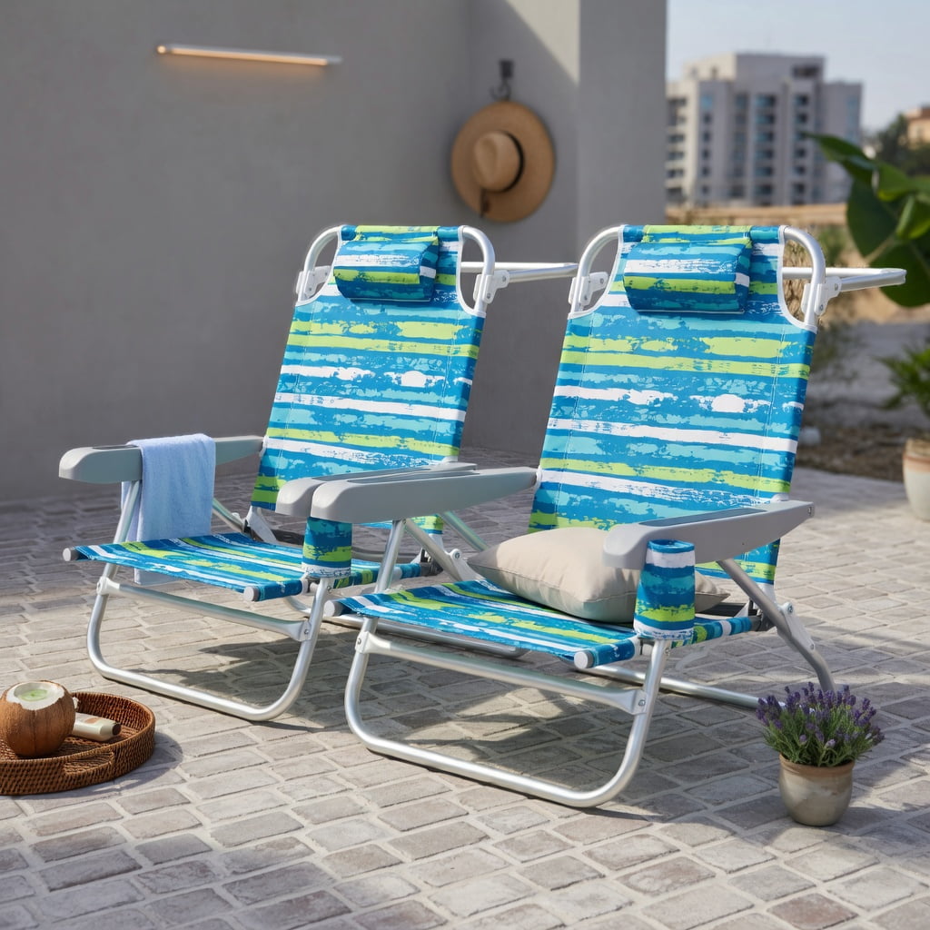 Hommoo 2-Pack Lightweight Folding Beach Chair with 5-Position Recline, Padded Headrest & Cup Holder, Green