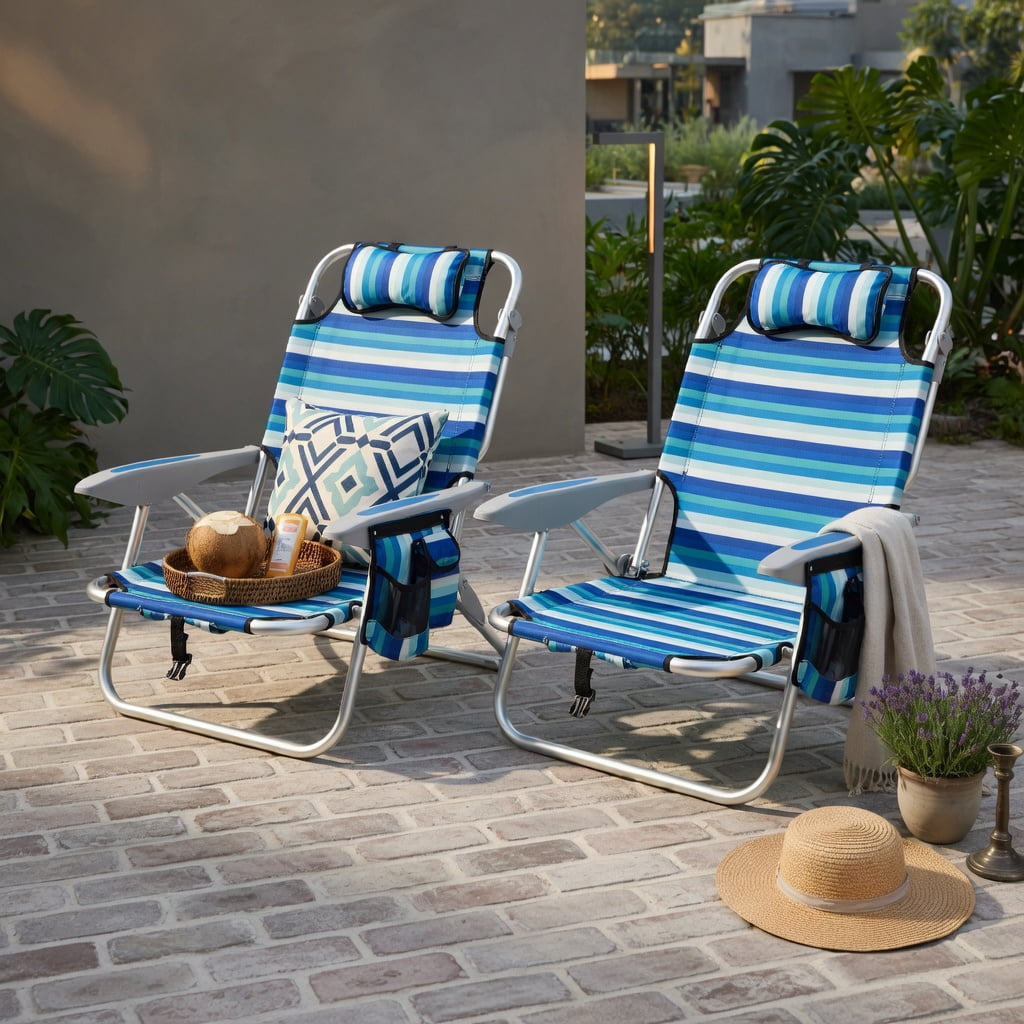 Hommoo 2-Pack Lightweight Folding Beach Chairs for Adults, 4-Position Adjustable Backrest, Rust-Resistant Aluminum Frame, Oxford Fabric Seat, Blue