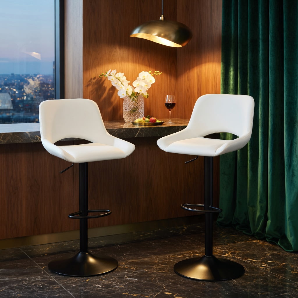 Hommoo 2-Pack Modern Adjustable Swivel Bar Stools, White PU Leather & Metal, 360° Rotation, Height-Adjustable, Footrest, Ideal for Kitchen Islands & Home Bars, White