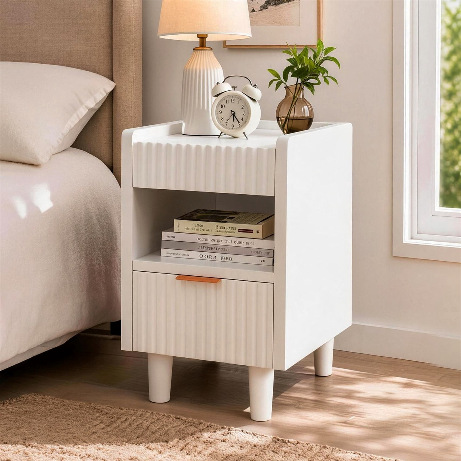 Hommoo 2-Pack Modern Fluted Nightstands with Drawer & Open Cubby, MDF Bedside Tables for Small Bedrooms, Dorms & Living Rooms, White