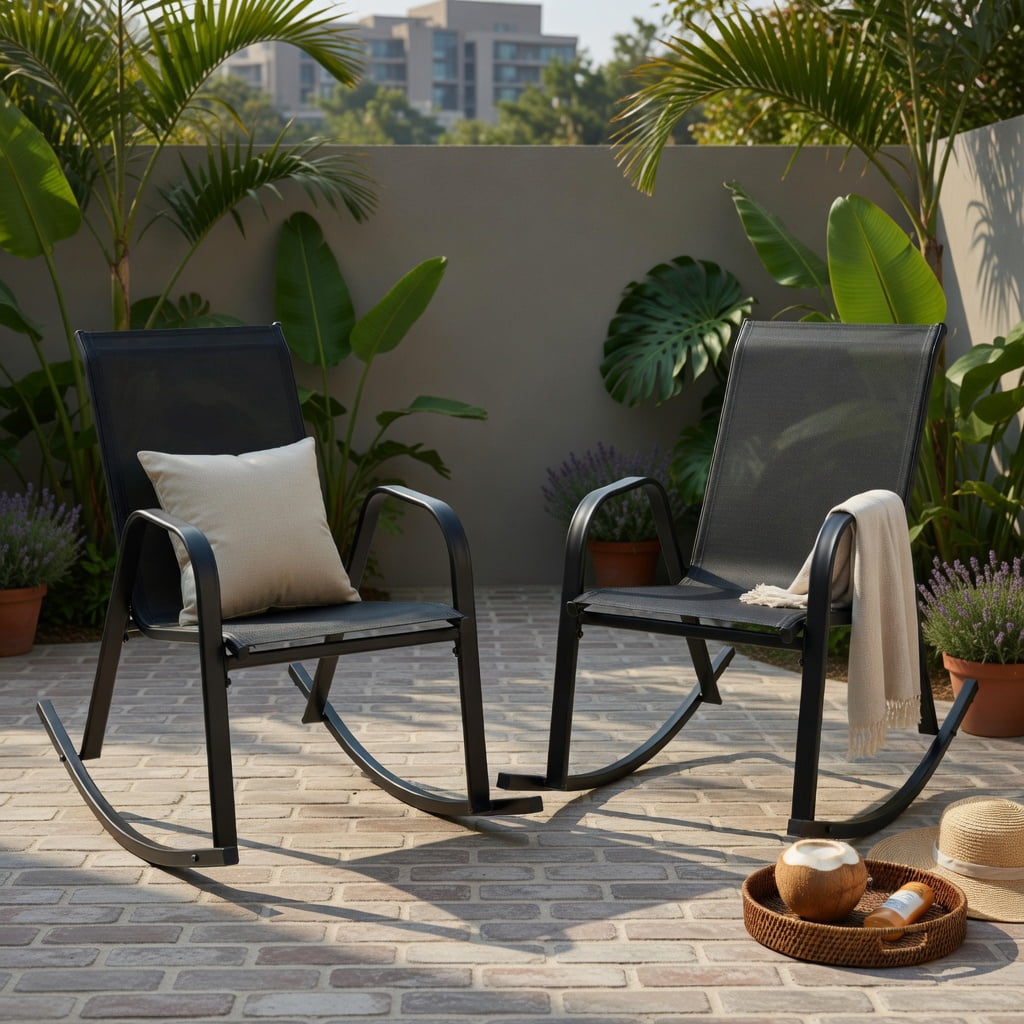 Hommoo 2-Pack Modern Metal Rocking Chairs for Patio, Breathable Fabric Seat, Rust-Resistant Frame, Indoor/Outdoor Use, Black