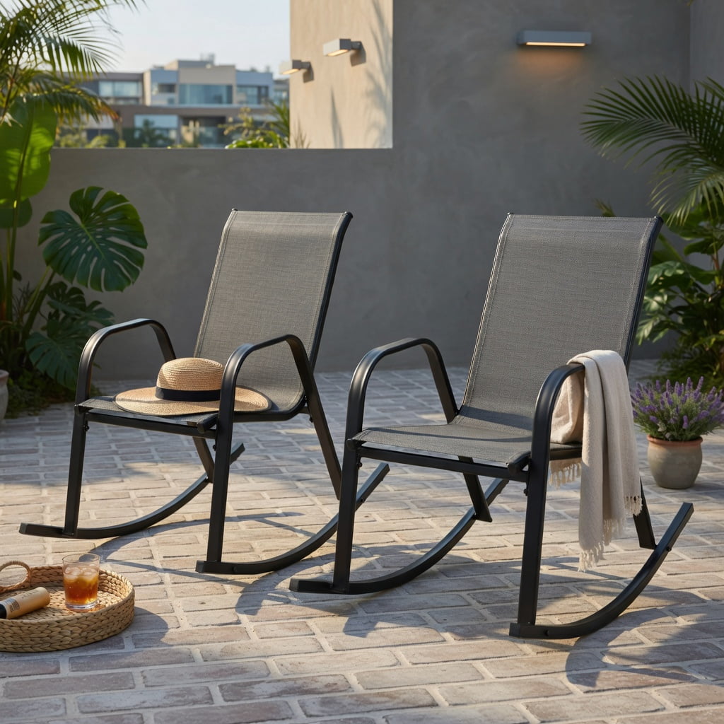 Hommoo 2-Pack Modern Metal Rocking Chairs for Patio, Rust-Resistant Steel Frame, Breathable Fabric Seat, Outdoor Rockers with Safety Stopper, Gray