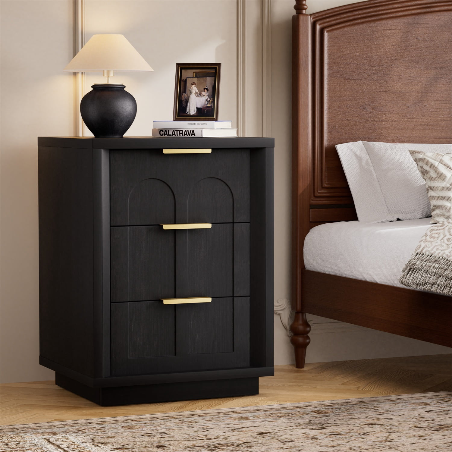 Hommoo 2-Pack Modern Nightstands with Arched Drawer Fronts, 3-Drawer Storage Side Tables with Gold-Tone Metal Handles for Bedroom, Living Room or Office, Black