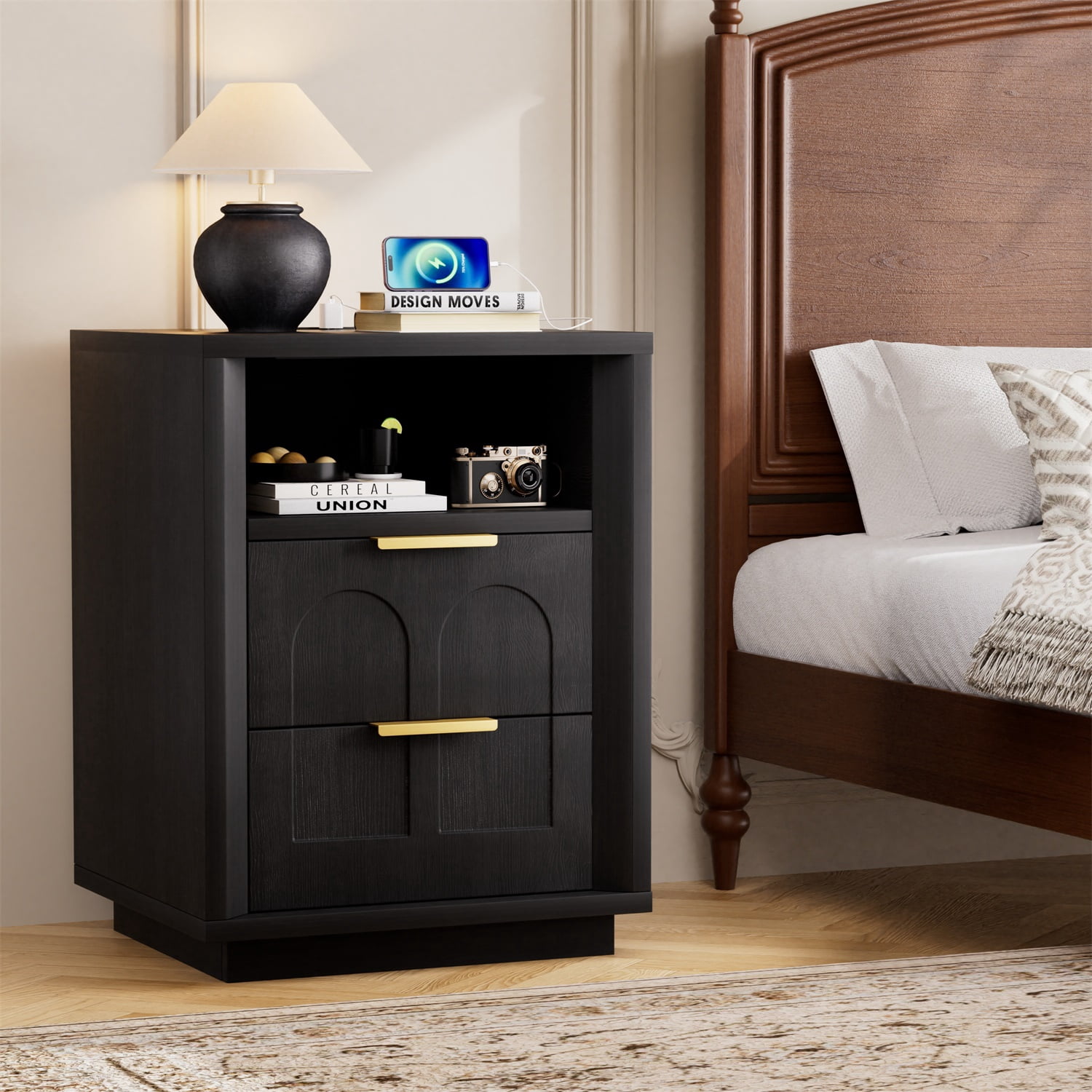 Hommoo 2-Pack Modern Nightstands with Built-in Type-C Charging Station, 2 Drawers & Open Shelf, Mid-Century Bedroom Side Tables for Bedroom, Living Room or Office, Black