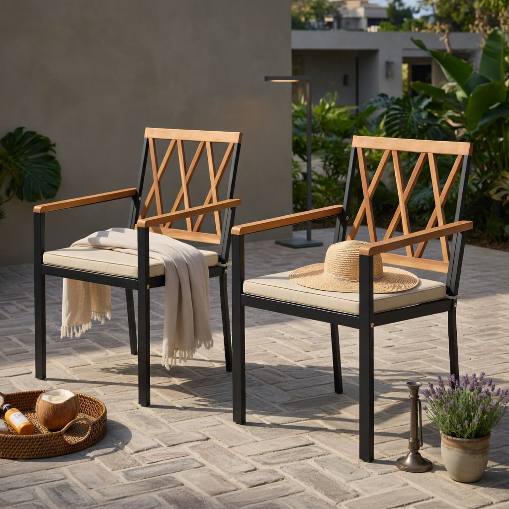 Hommoo 2-Pack Modern Outdoor Dining Chairs with Removable Cushions, Metal Frame & Acacia Wood Backrest – 18" Seat Width, Black & Natural