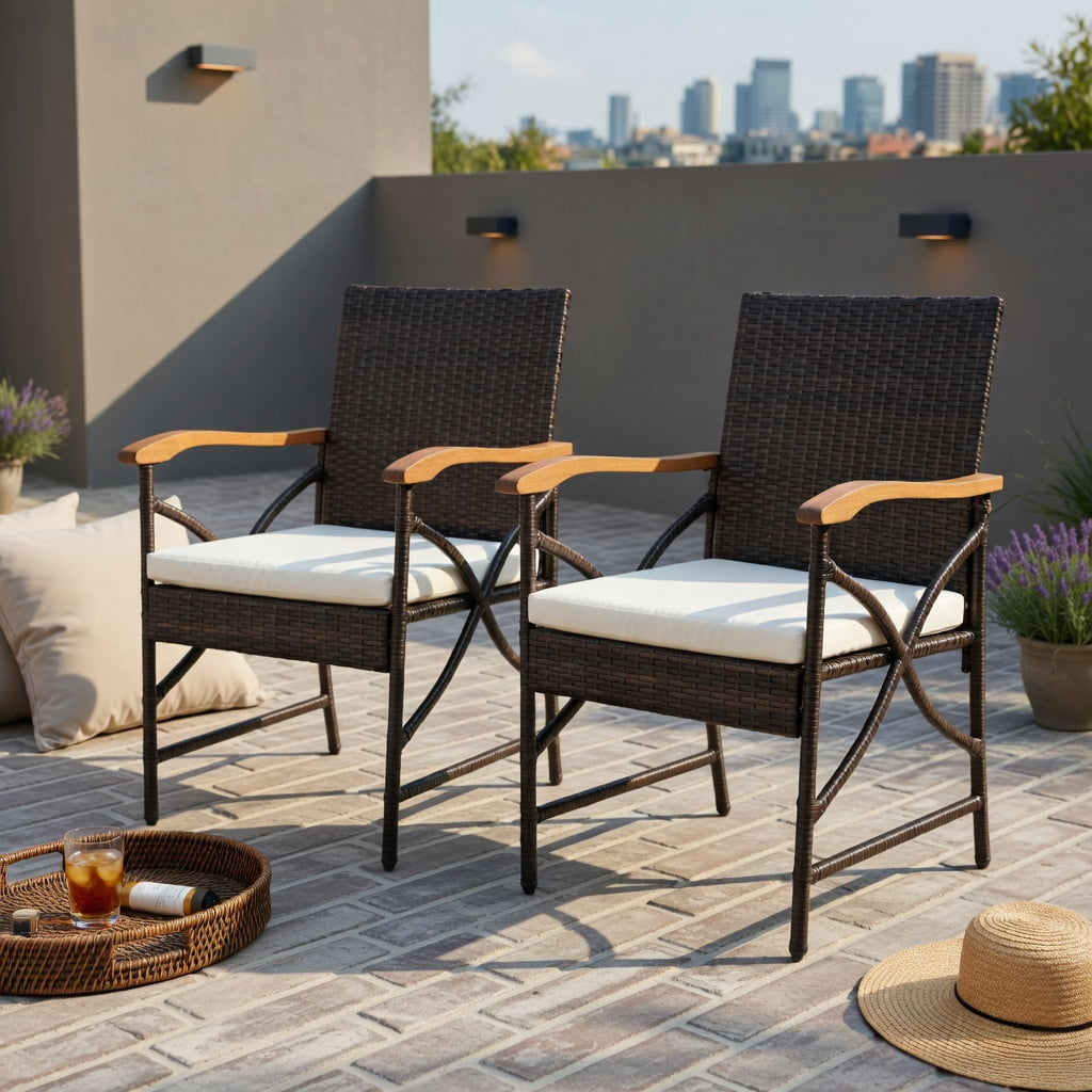 Hommoo 2-Pack Modern PE Rattan Patio Dining Chairs with Off-White Zippered Cushions, Ergonomic Wicker Outdoor Chairs for Backyard, Porch & Poolside, Brown