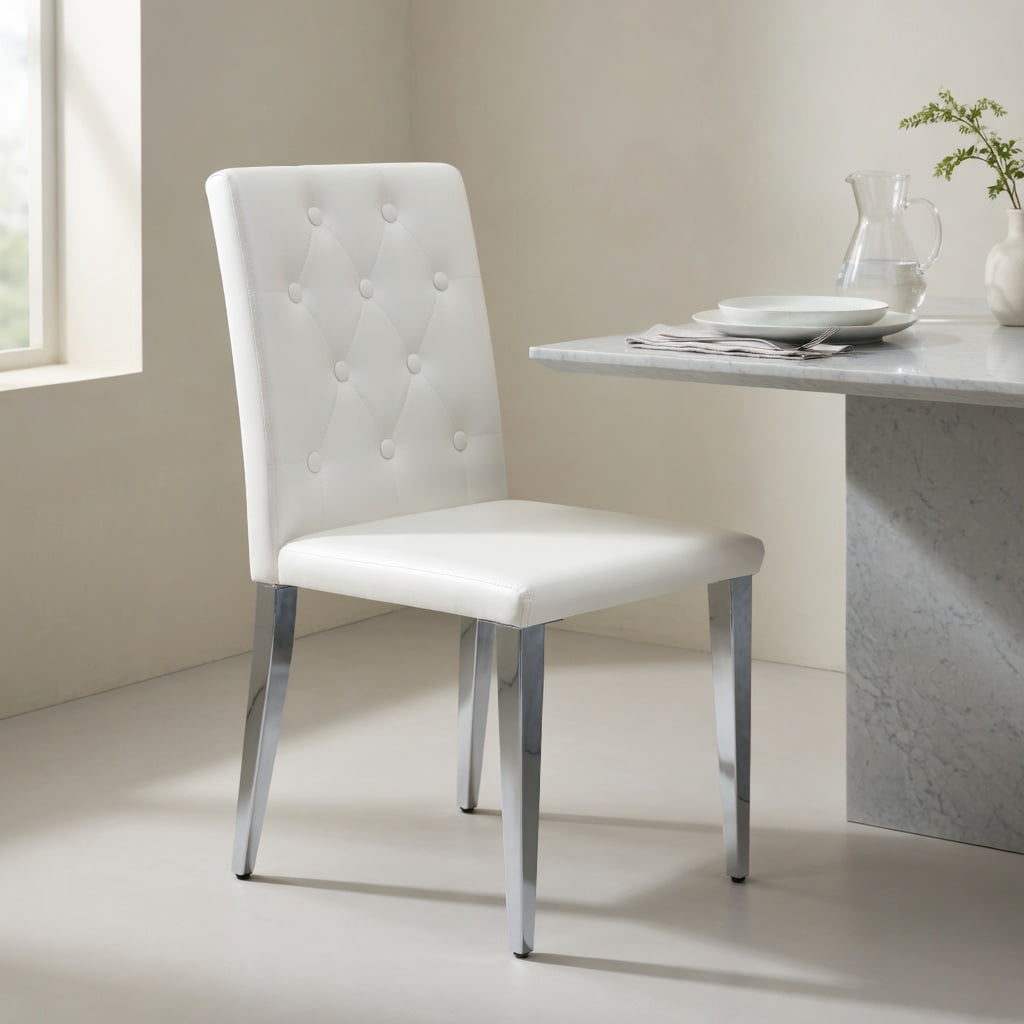 Hommoo 2-Pack Modern PU Leather Dining Chairs with Ergonomic Buckle Backrest & Metal Legs, 35 in Height, Comfortable Seating for Home, Restaurant & Hotel Use, White & Sliver