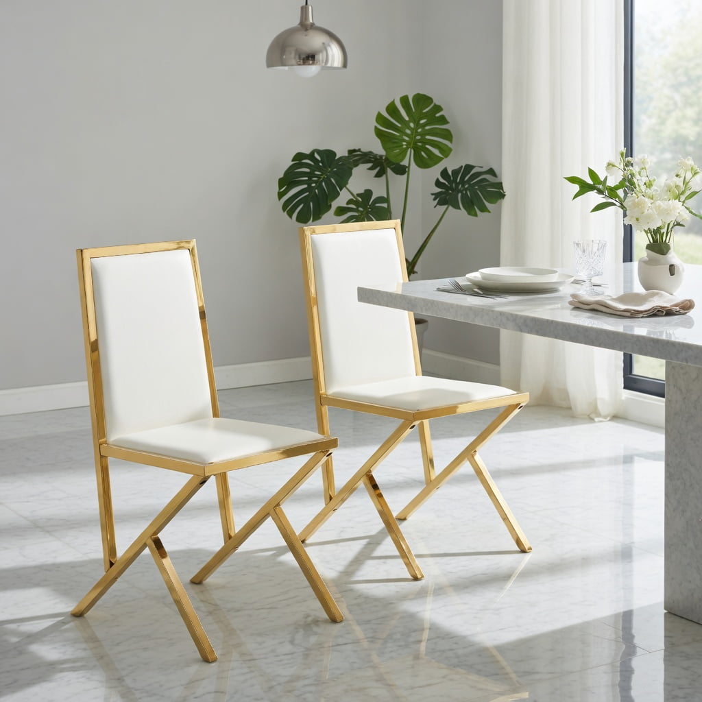 Hommoo 2-Pack Modern PU Leather Dining Chairs with Metal Frame, Ergonomic Back Support, Adjustable Non-Slip Feet, Easy Assembly, White & Gold