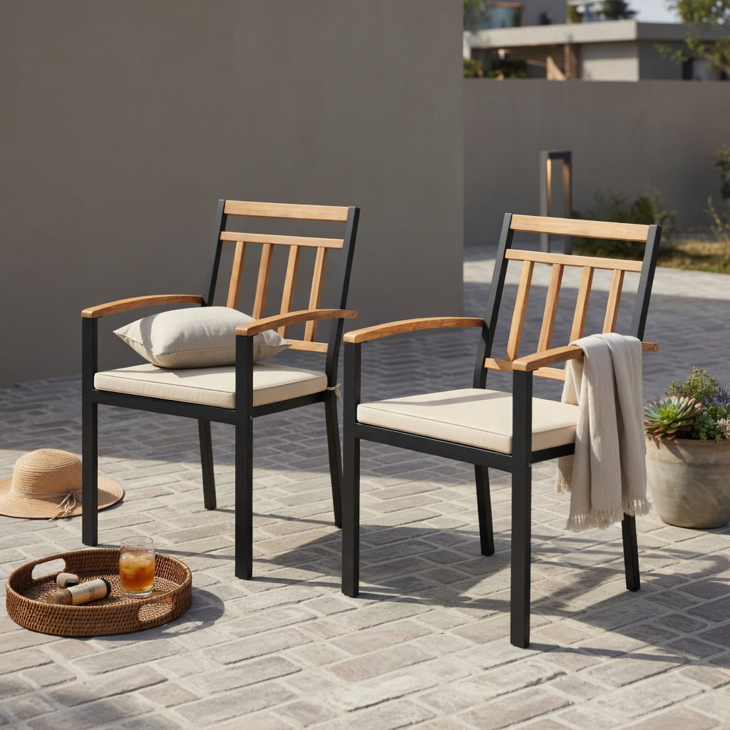Hommoo 2-Pack Modern Patio Dining Chairs with Removable Cushions, Acacia Wood Outdoor Chairs, Ergonomic Design, Easy-Clean Fabric Seats, Black & Natural