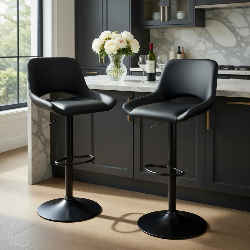 Hommoo 2-Pack Modern Swivel Bar Stools with Adjustable Height & Footrest. PU Leather, Metal Frame, for Kitchen Island, Home Bar, Counter Seating, Black