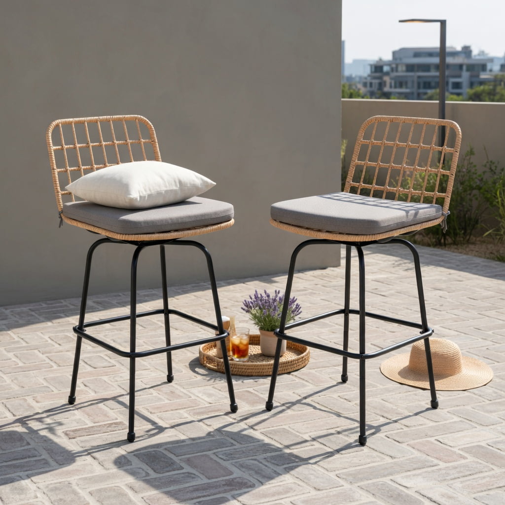 Hommoo 2-Pack Modern Swivel Bar Stools with Cushions & Light Brown PE Rattan, Heavy-Duty Outdoor Patio Barstools for Backyard, Balcony, Poolside, Gray