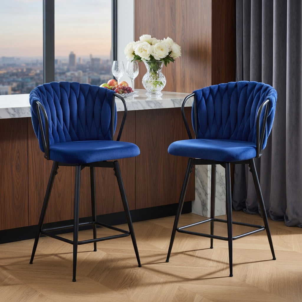 Hommoo 2-Pack Modern Velvet Bar Stools with Woven Rope Backrest & Black Metal Frame, Counter Height Kitchen Island & Home Bar Seating, Blue