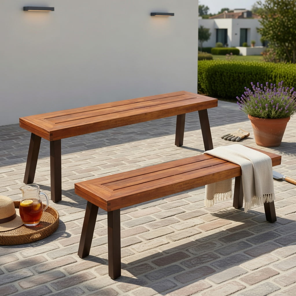 Hommoo 2-Pack Outdoor Acacia Wood Dining Benches for Patio, Rust-Resistant Steel Frame, Brown