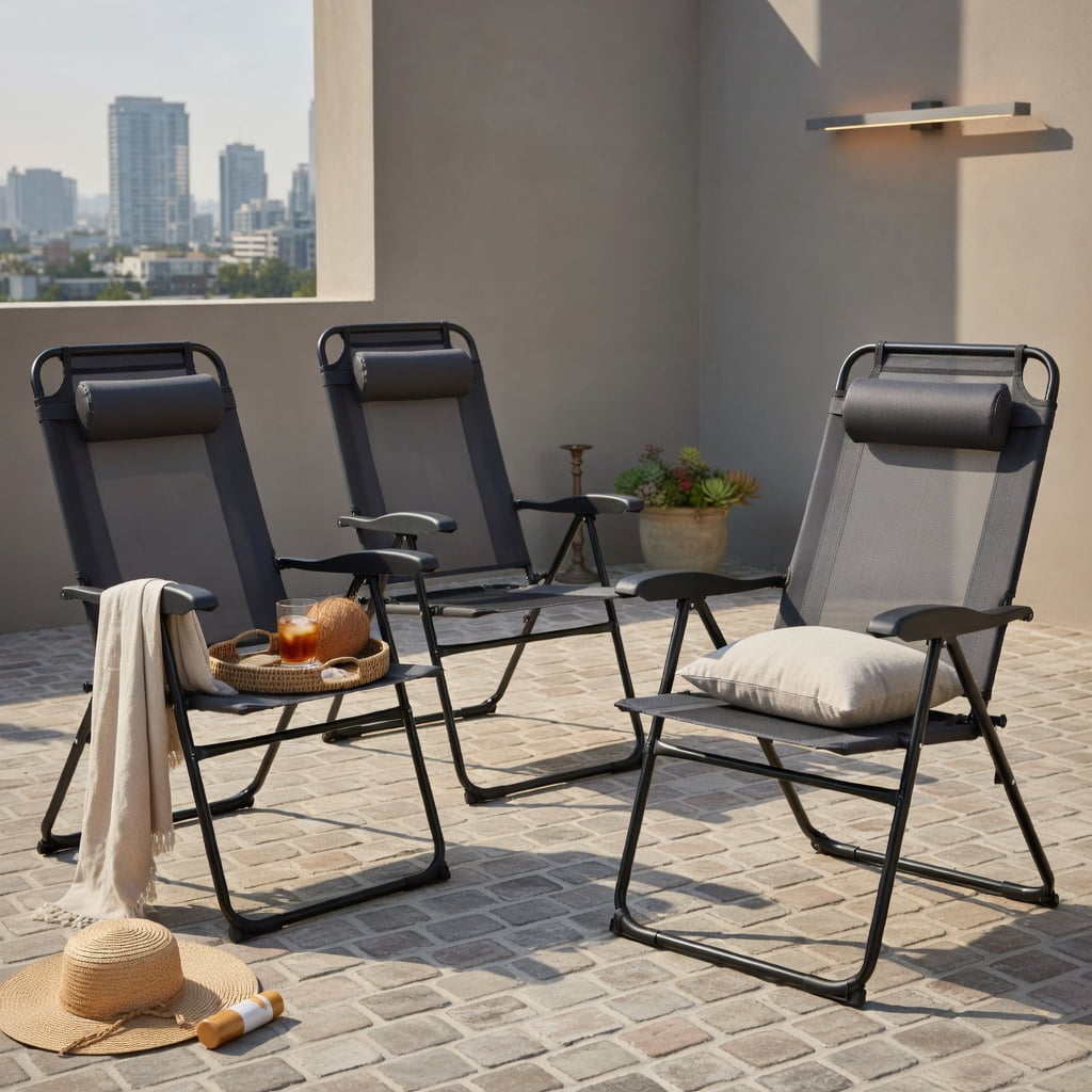 Hommoo 2-Pack Outdoor Adjustable Folding Recliner Chairs, 7-Position Backrest, Steel Frame & Breathable Oxford Fabric, Heavy-Duty Patio, Camping & Poolside Seating, Gray