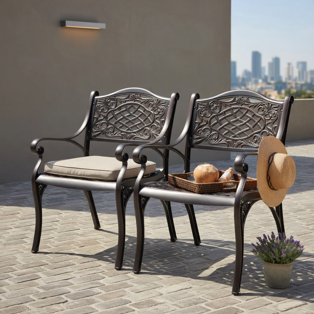 Hommoo 2-Pack Outdoor Cast Aluminum Dining Chairs with Ergonomic Armrests, Curved Breathable Seats & Adjustable Feet, Black