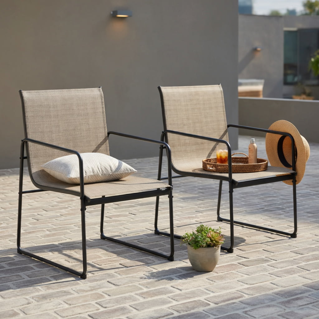 Hommoo 2-Pack Outdoor Dining Chairs, Breathable Fabric Patio Chairs with Powder-Coated Steel Frame, Modern Deck Seating for Balcony, Patio, and Backyard, Brown+Black