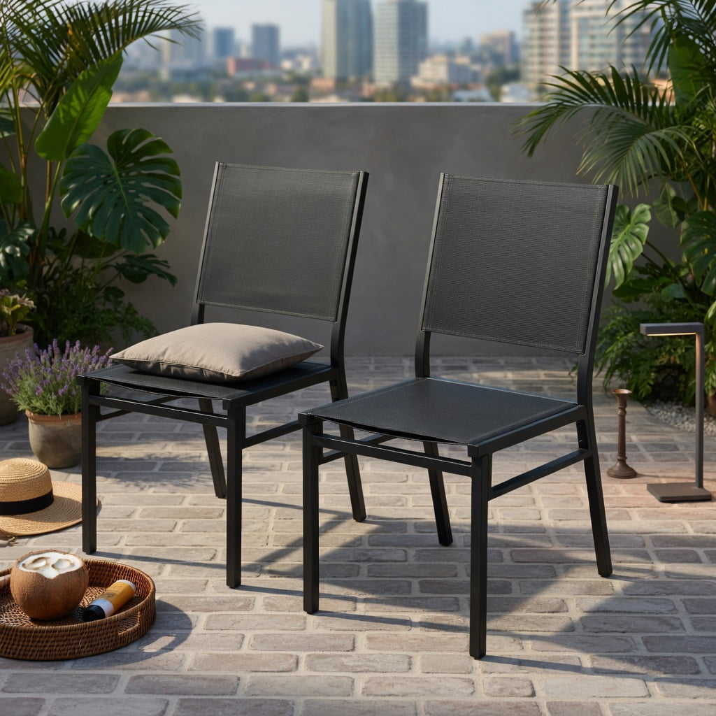 Hommoo 2-Pack Outdoor Dining Chairs, Breathable Mesh Back & Seat, Lightweight Aluminum Frame, Rust-Resistant for Patio, Porch, Poolside & Indoor Use, Black