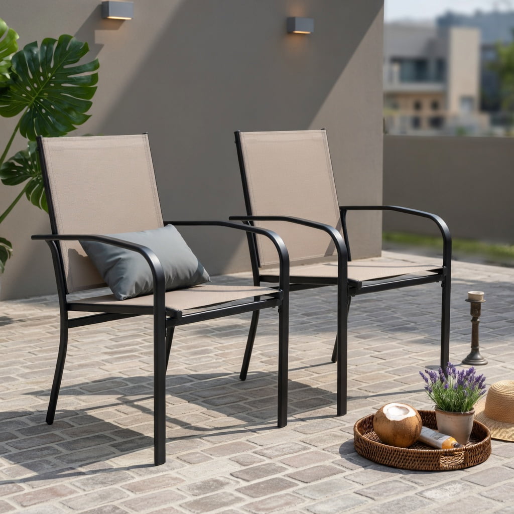 Hommoo 2-Pack Outdoor Dining Chairs, High-Back Metal Patio Chairs with Ergonomic Lumbar Support, Stackable & Weather-Resistant Fabric, Light Brown