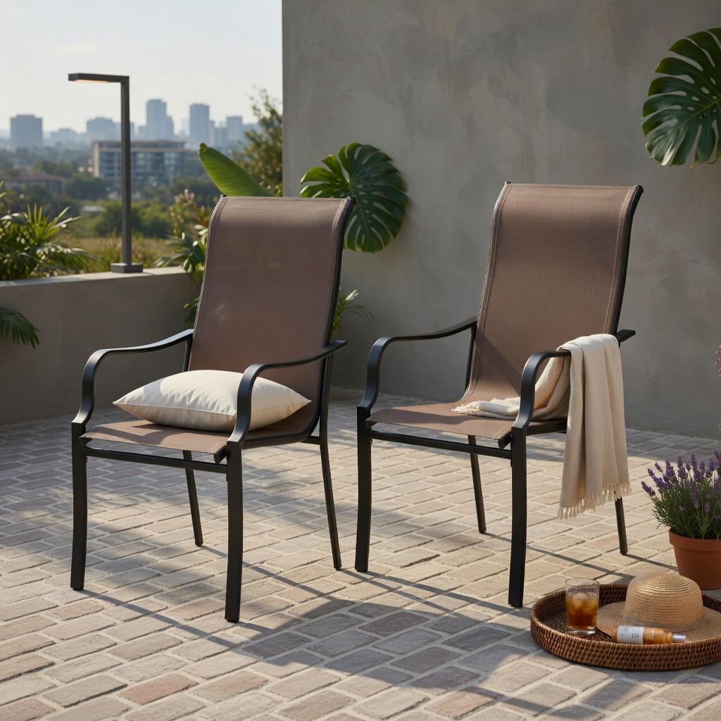 Hommoo 2-Pack Outdoor Dining Chairs, Wide Seat, Heavy-Duty Metal Frame, Breathable Mesh Back, Patio Chairs for Deck, Garden, Porch, Brown & Black