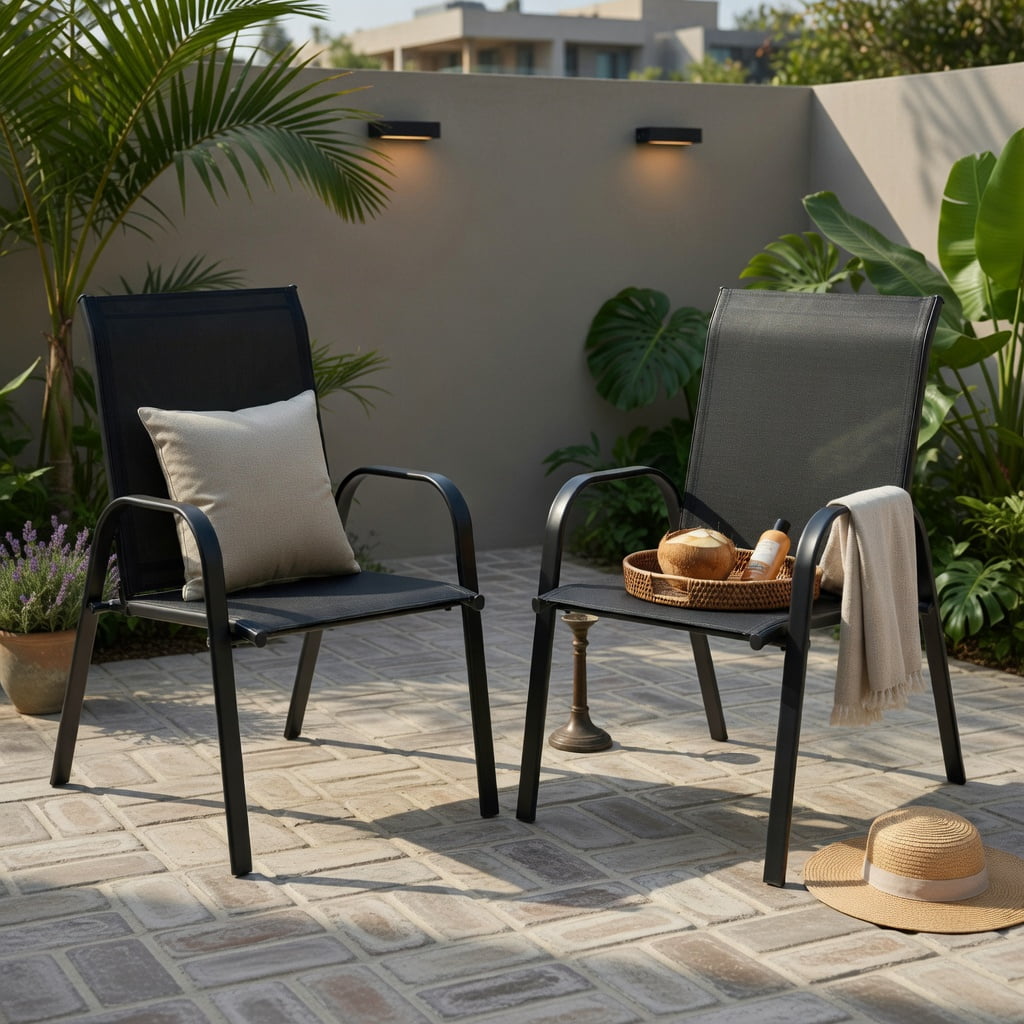 Hommoo 2-Pack Outdoor Dining Chairs with Armrests, Heavy-Duty Steel Frame, Breathable Fabric, All-Weather Patio & Balcony Seating, Black