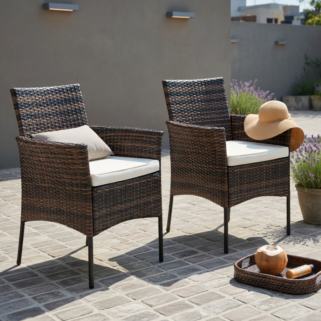 Hommoo 2-Pack Outdoor PE Rattan Armchairs with Removable Off-White Cushions, Weatherproof Steel Frame, Ergonomic Design for Patio, Backyard & Poolside, Brown