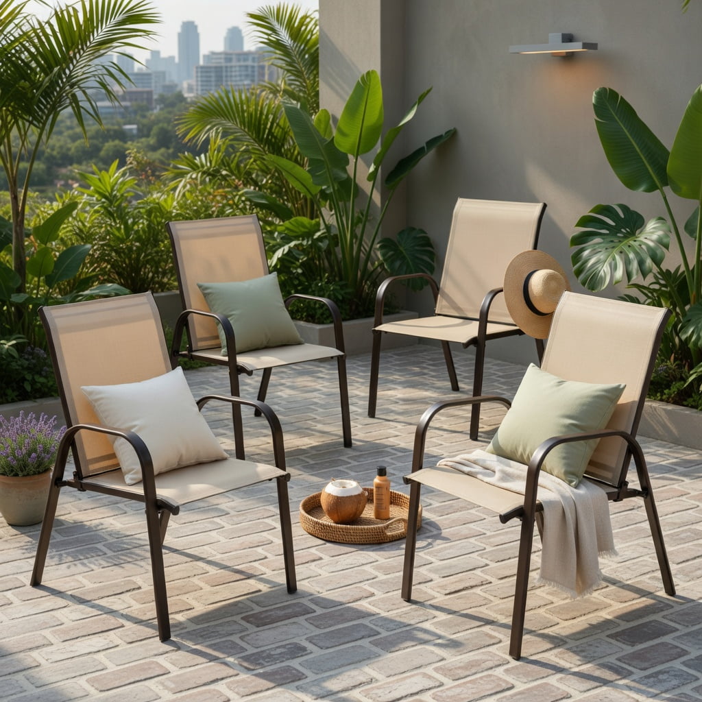 Hommoo 2-Pack Outdoor Patio Dining Chairs with Armrests, Heavy-Duty Steel Frame, Breathable Fabric, Stackable & Easy Assembly for Deck, Pool, Garden & Balcony, Beige