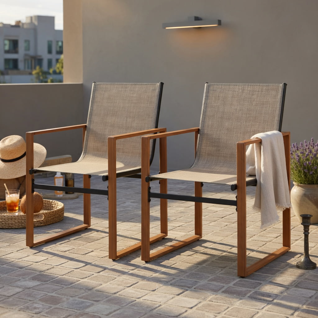 Hommoo 2-Pack Outdoor Patio Dining Chairs, Breathable Fabric Seat & Back, Rust-Resistant Wood-Grain Armrests, Heavy-Duty Metal Frame, Brown