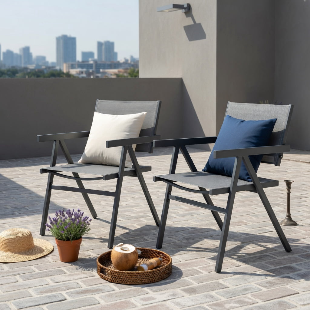 Hommoo 2-Pack Outdoor Patio Dining Chairs, Breathable Fabric Seat, Powder-Coated Metal Frame, Fade-Resistant & Ergonomic Design for Patio, Poolside & Backyard, Gray