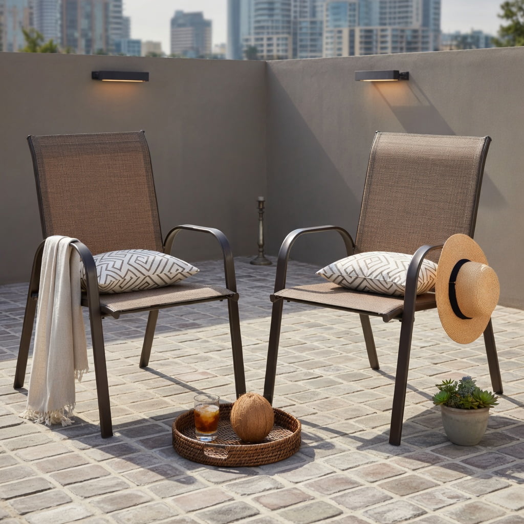Hommoo 2-Pack Outdoor Patio Dining Chairs with Armrests, Heavy-Duty Steel Frame, Breathable Fabric, Indoor/Outdoor Use, Brown