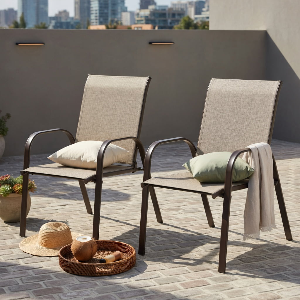 Hommoo 2-Pack Outdoor Patio Dining Chairs with Armrests, Heavy-Duty Steel Frame, Breathable Fabric, for Garden, Poolside & Balcony Use, Gray