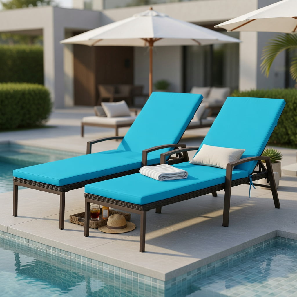 Hommoo 2-Pack Outdoor Rattan Reclining Chaise Lounge Chairs with Removable Cushions, 5-Position Adjustable Backrest, Weather-Resistant Patio Seating, Turquoise