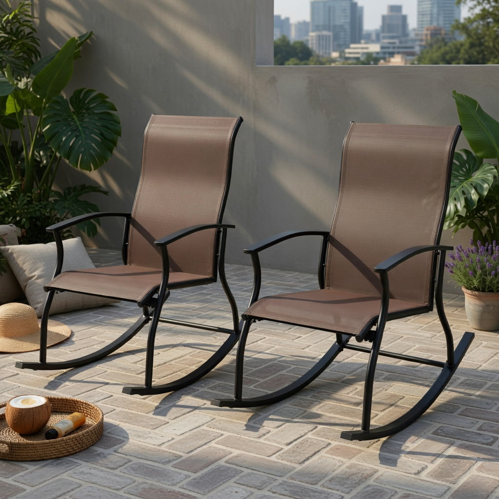 Hommoo 2-Pack Outdoor Rocking Chairs, Breathable Fabric Seat, Rust-Resistant Metal Frame, Ergonomic Back Support, Brown