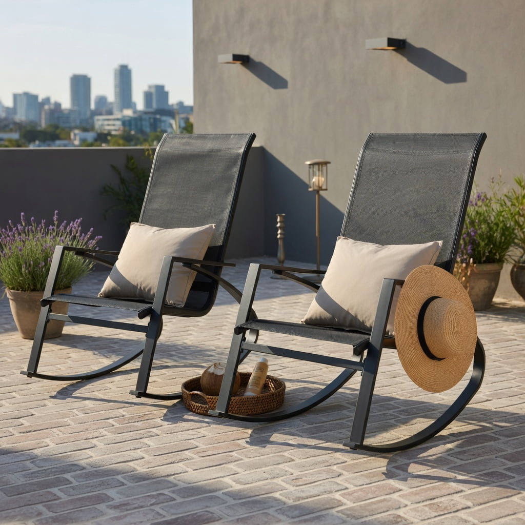 Hommoo 2-Pack Outdoor Rocking Chairs for Patio, Ergonomic Sling Fabric Rockers with Sturdy Steel Frame, Breathable Seat & Anti-Slip Base, Black