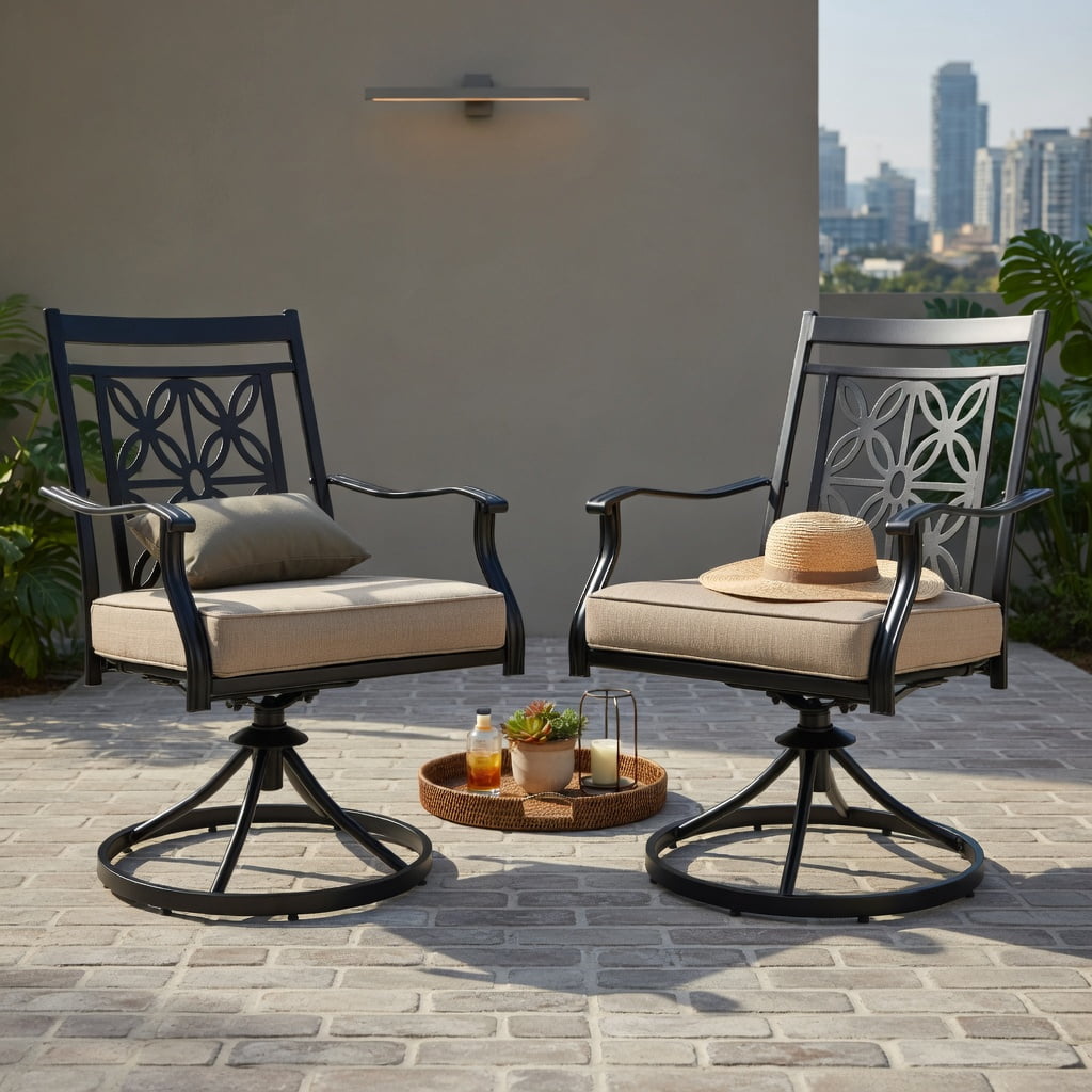 Hommoo 2-Pack Outdoor Swivel Patio Chairs with Blossom Pattern Backrest, Thick 3.5" Cushions, Heavy-Duty Metal Frame, Weather-Resistant Garden Seating, Black
