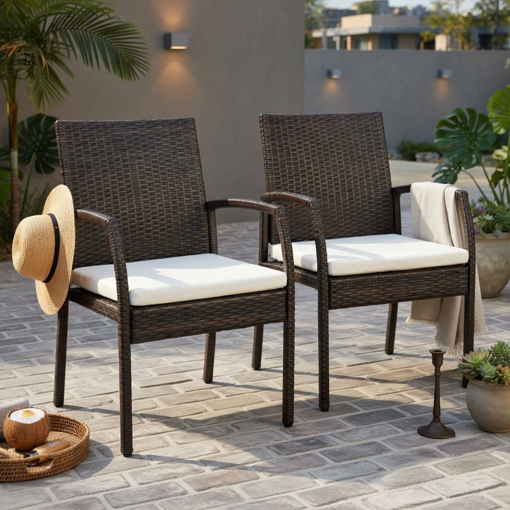Hommoo 2-Pack Outdoor Wicker Dining Armchairs with Removable Off-White Cushions, PE Rattan Patio Chairs for Backyard, Porch & Poolside, Black