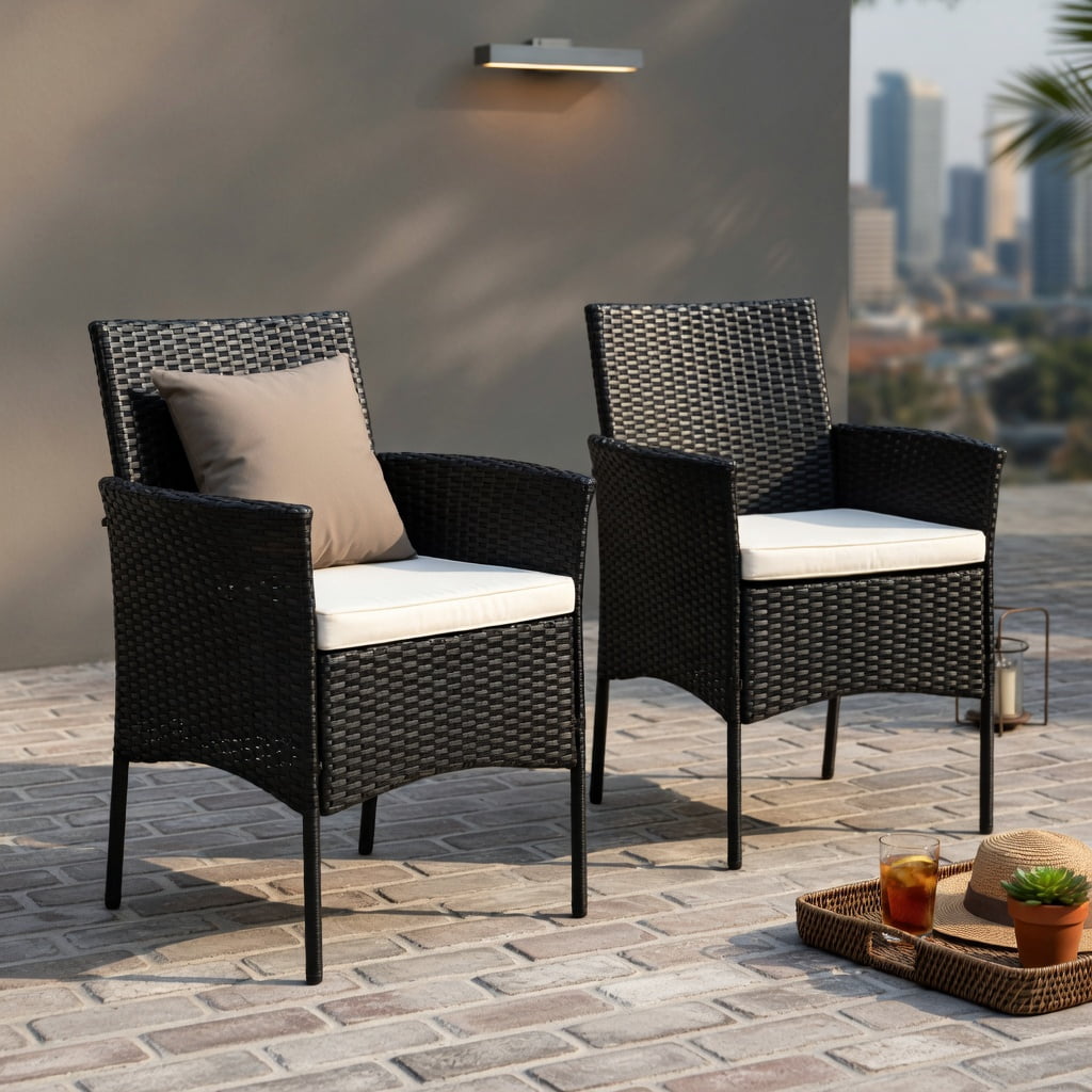 Hommoo 2-Pack Outdoor Wicker Patio Chairs with Off-White Cushions, Weatherproof PE Rattan, Steel Frame, Ideal for Backyard, Poolside & Garden, Black
