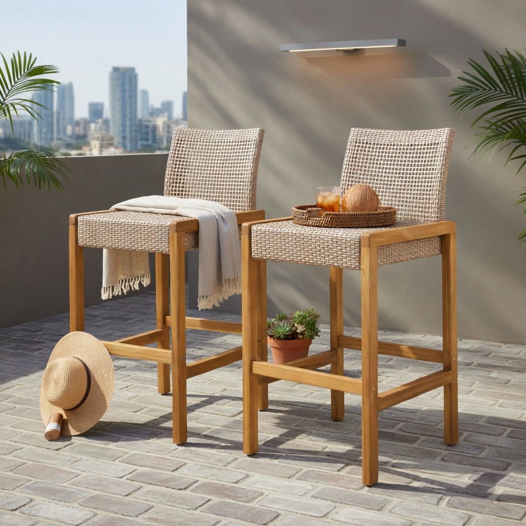 Hommoo 2-Pack PE Rattan & Teak Acacia Wood Bar Stools with Backrest, Indoor/Outdoor Patio Dining Chairs, Ergonomic Design, Light Brown