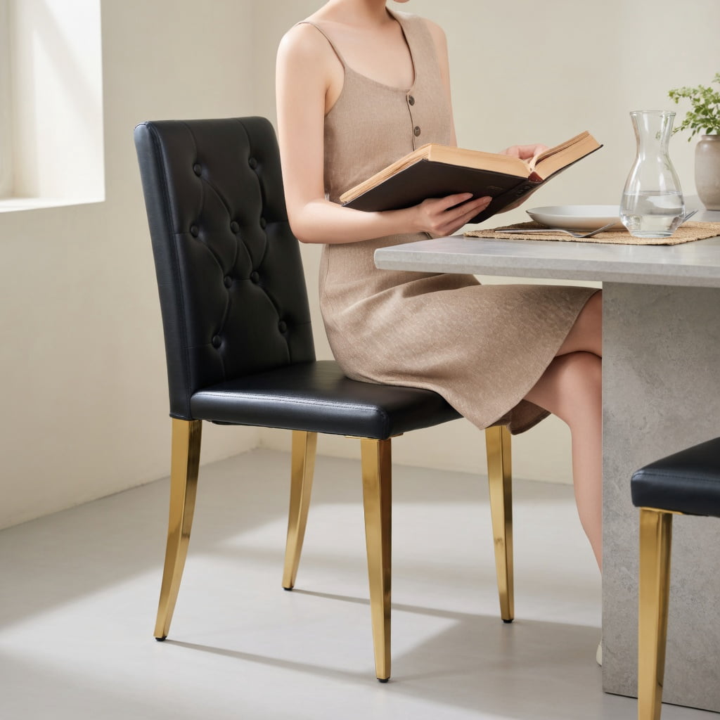Hommoo 2-Pack PU Dining Chairs with Ergonomic Buckle Backrest – 35 in Tall Modern Luxury Chairs for Dining Room, Hotel Banquet Hall, Cafe, Black & Gold