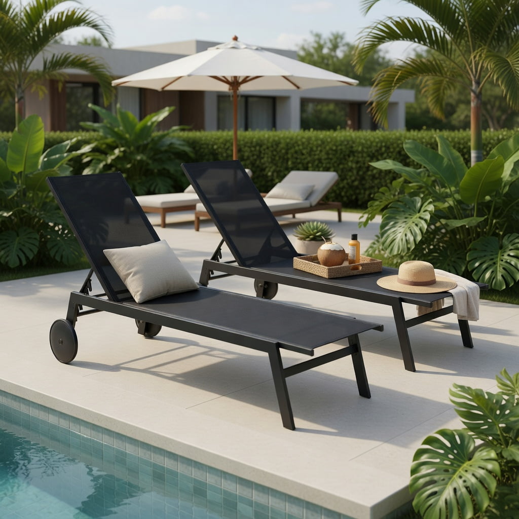 Hommoo 2-Pack Patio Chaise Lounge Chairs with 6-Position Adjustable Backrest, Rolling Wheels & Sturdy Metal Frame for Poolside, Deck & Backyard, Black