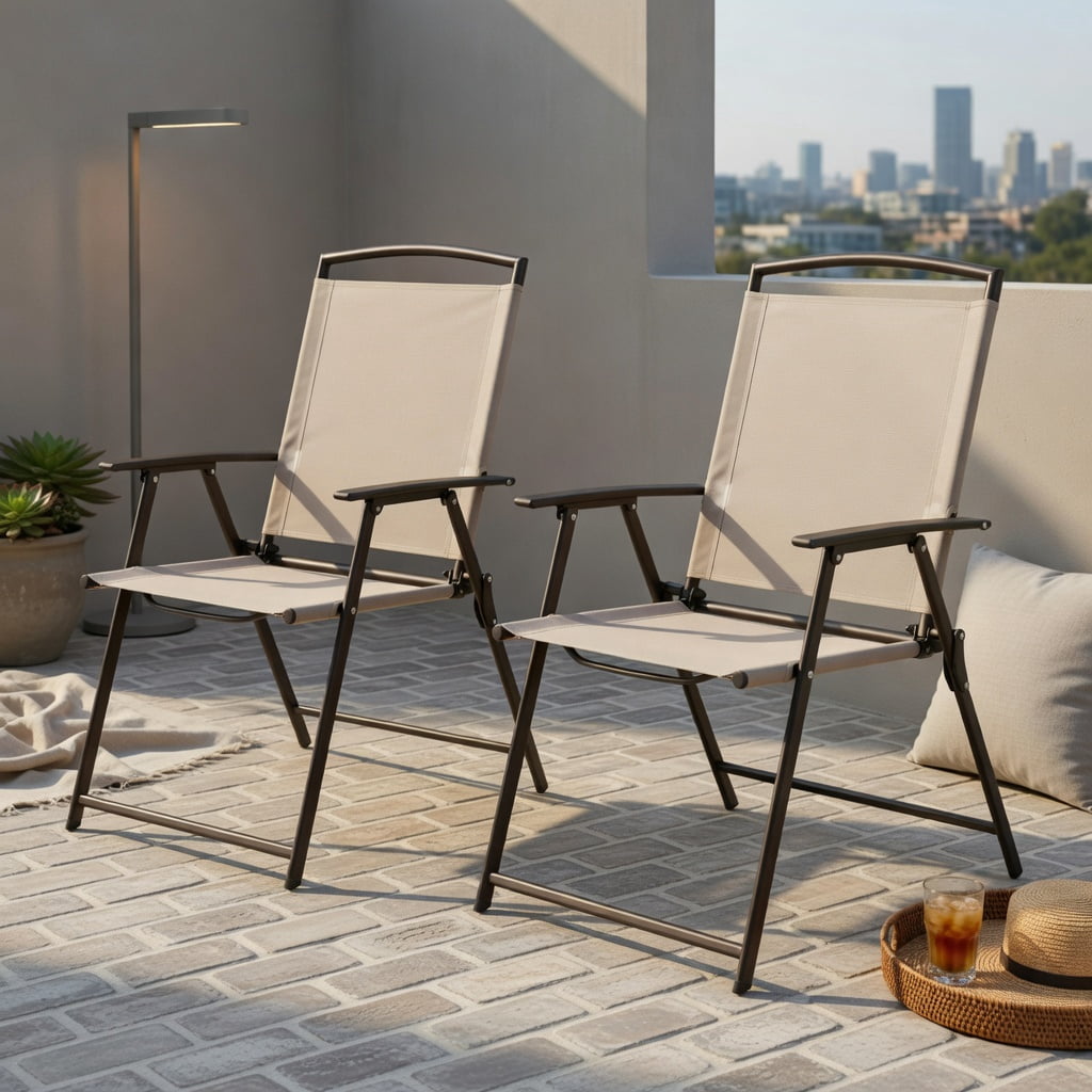 Hommoo 2-Pack Patio Dining Chairs with Armrests, Rust-Resistant Steel Frame, Foldable & Lightweight Outdoor Seating for Deck, Porch, Garden, Beige